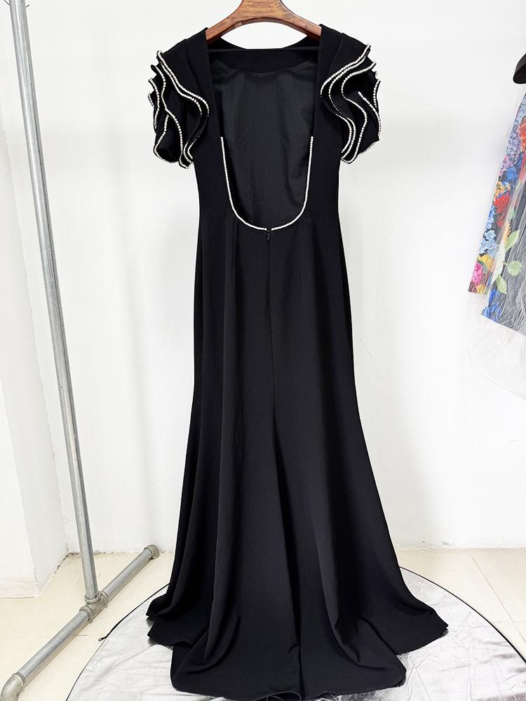 2025 European & American Designer Rhinestone Ruffle Sleeve Backless Floor-Length Gown