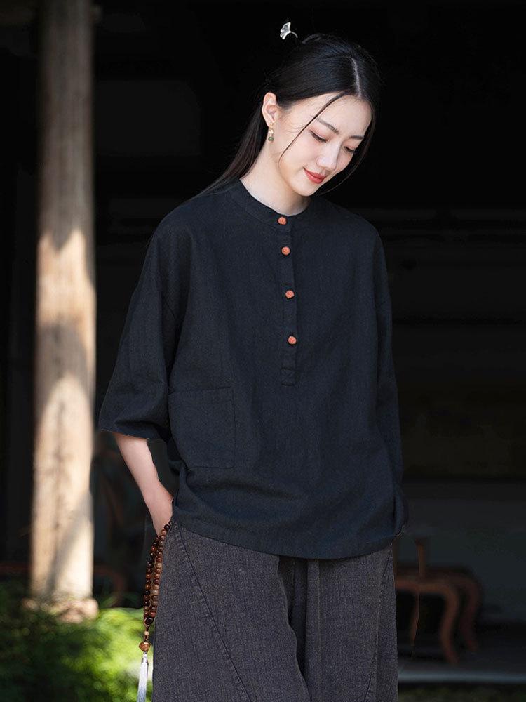 Women's Cotton Linen Zen Meditation Suit with Frog Button Shirt