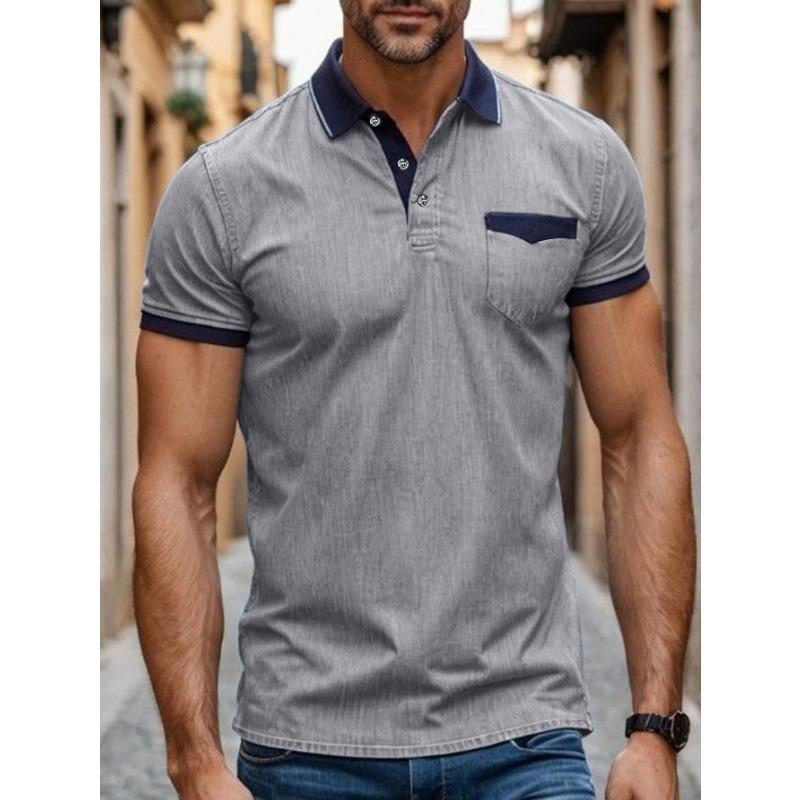Summer Vintage Polo-neck Casual Fashion Short Sleeve T-shirt Male Patchwork Denim Tee Pullover Top Men