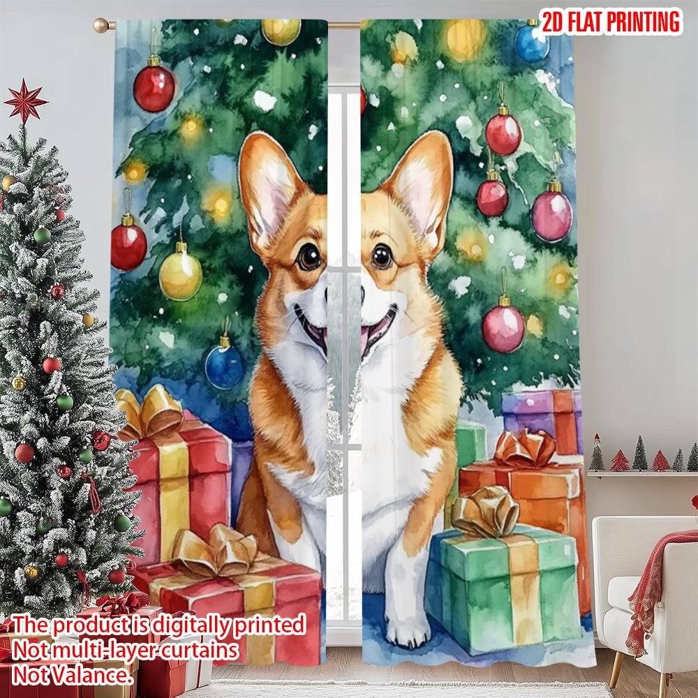 

2 шт. рождественские шторы с плоской 2D печатью, милый рождественский пес, прочная ткань 100% полиэстер, без электричества, универсальное использование для 52.50×116.00 CM 2pcs