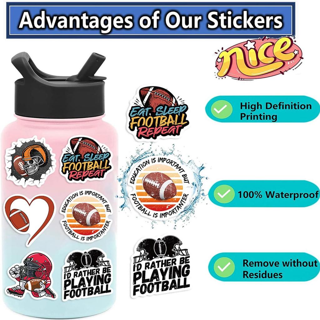 100 Autocollants de Football, Autocollants Imperméables de Football Américain, Autocollants Pour Bagages, Skateboards et Casques