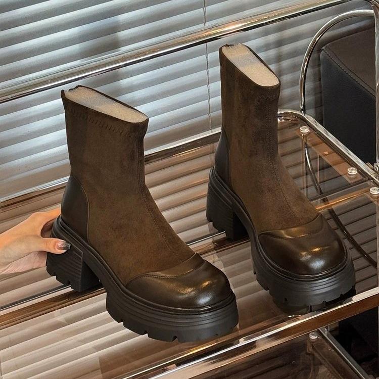 Women's Boots Vintage Platform Splicing Woman Ankle Boots Design Back Zippers Thick Sole Shoes  Autumn Short Botas Para Mujer