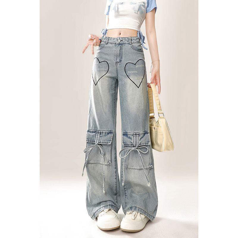 High-Waisted Wide Leg Denim Pants Women Plus Size With Embroidered Heart Detail Retro Chic Loose Fit S
