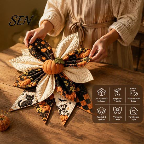 Handmade Home Decor Accessories Patchwork Bow Sewing Kit, Large Fabric DIY Sunflower Pattern Kit Pumpkin Quilted Craft for Adults, Farmhouse