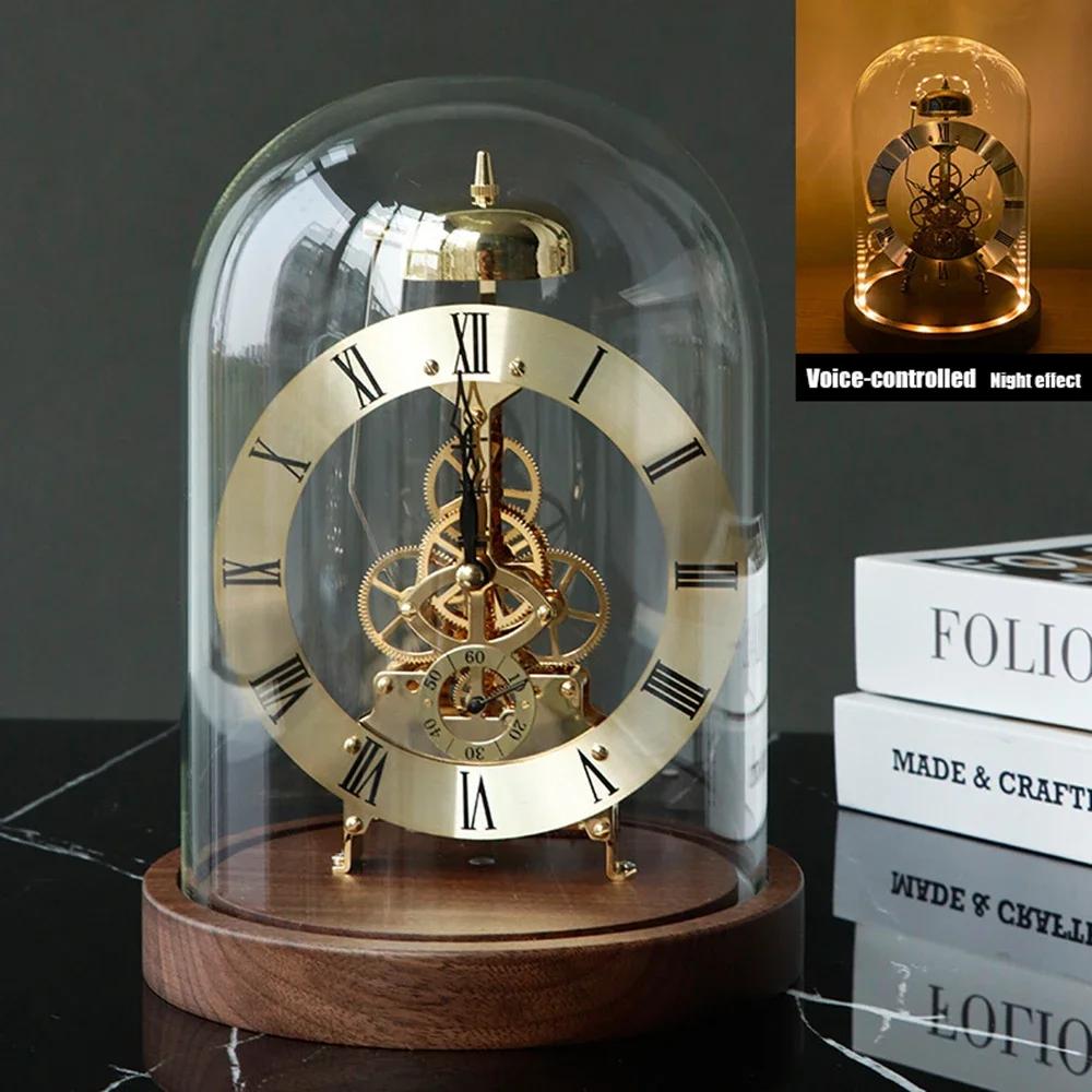 Luxury Mechanical Desk Clock with Glass Dome Black Walnut Solid Wood Base Light Home Office Decor Timepiece Ornament