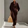 Summer Stand Collar Maxi Dress for Women Half Sleeve Button Up V Neck Long Dress Loose Flowy Beach Sundress with Pockets
