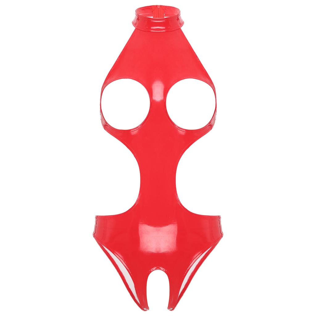 Women Sexy Lingerie Cutout Latex Open Cup Catsuit Nightclub Stage Pole Dancing Costume Bodycon Jumpsuit Performance