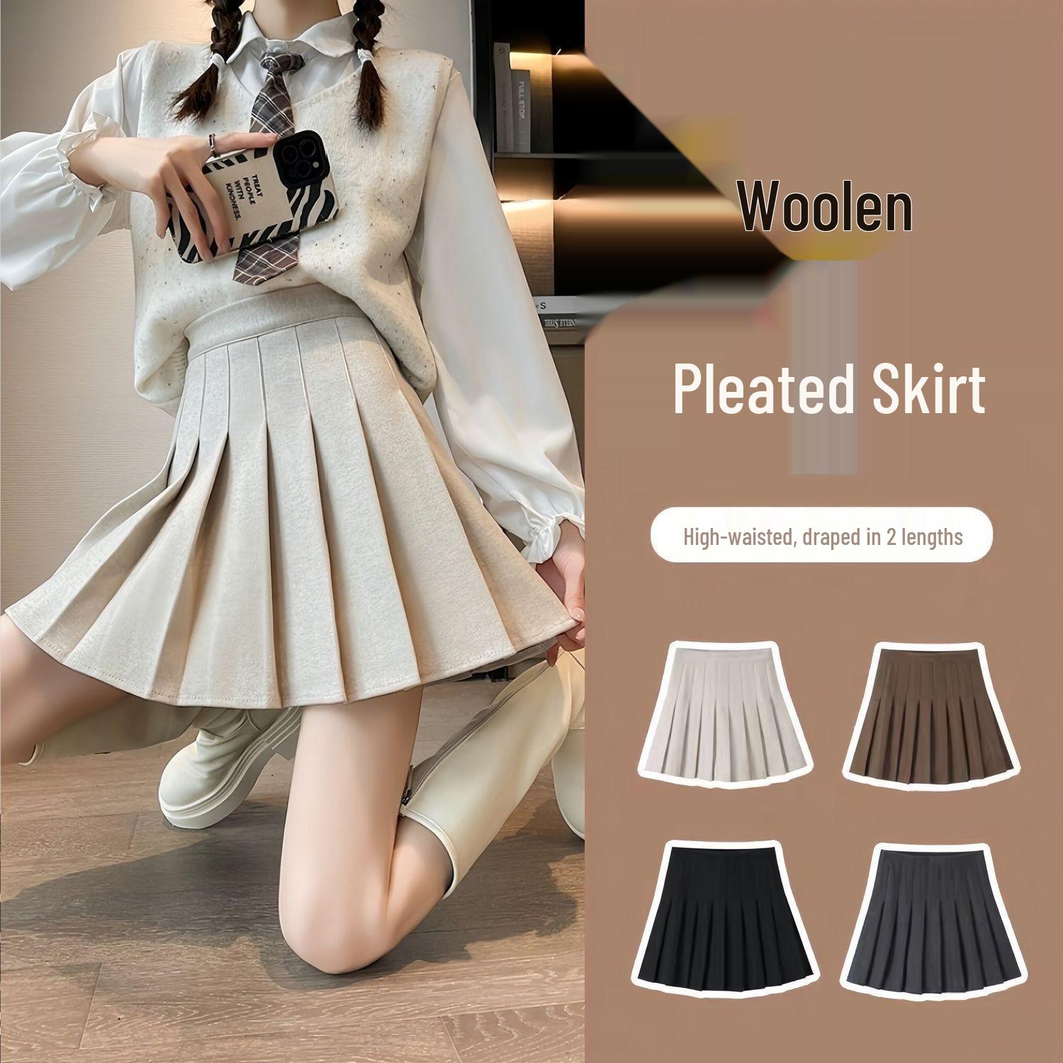 High-Waisted Plus Size Woolen A-Line Short Skirt - Autumn/Winter Pleated Petite School JK Style Medium