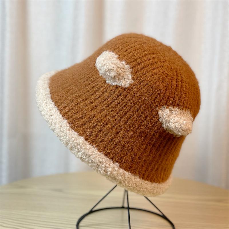 

Милая плюшевая панама с медвежьими ушками для женщин, новая весенне-осенняя универсальная, подчеркивающая маленькое лицо, вязаная панама-ведро, зимняя Adjustable