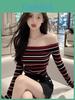 Tshirt Oversize Oneword Collar Long Sleeve With Embroidery For Spring Style