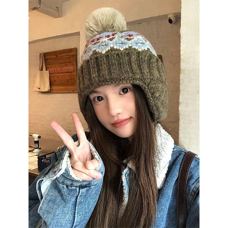 Fair Island Vintage Ski Wool Hat Women's Northeast Thickened Warm Ear Protector Hat Hairball Knitted Hat Winter