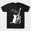 Men Black Print T-shirt Black And White Cat Playing Guitar. No-Cut Transfer Paper Print Cotton Tshirt
