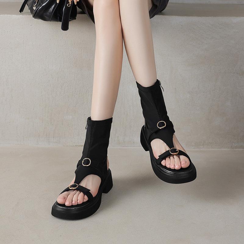 Casual Black Round Head Rubber Soft Sole Platform Sandals New Women's Roman Sandals Side Zipper Size Women's Shoes