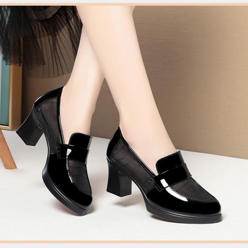

Summer single shoes high heels waterproof table thick heel mesh breathable leather shoes 41 чорний