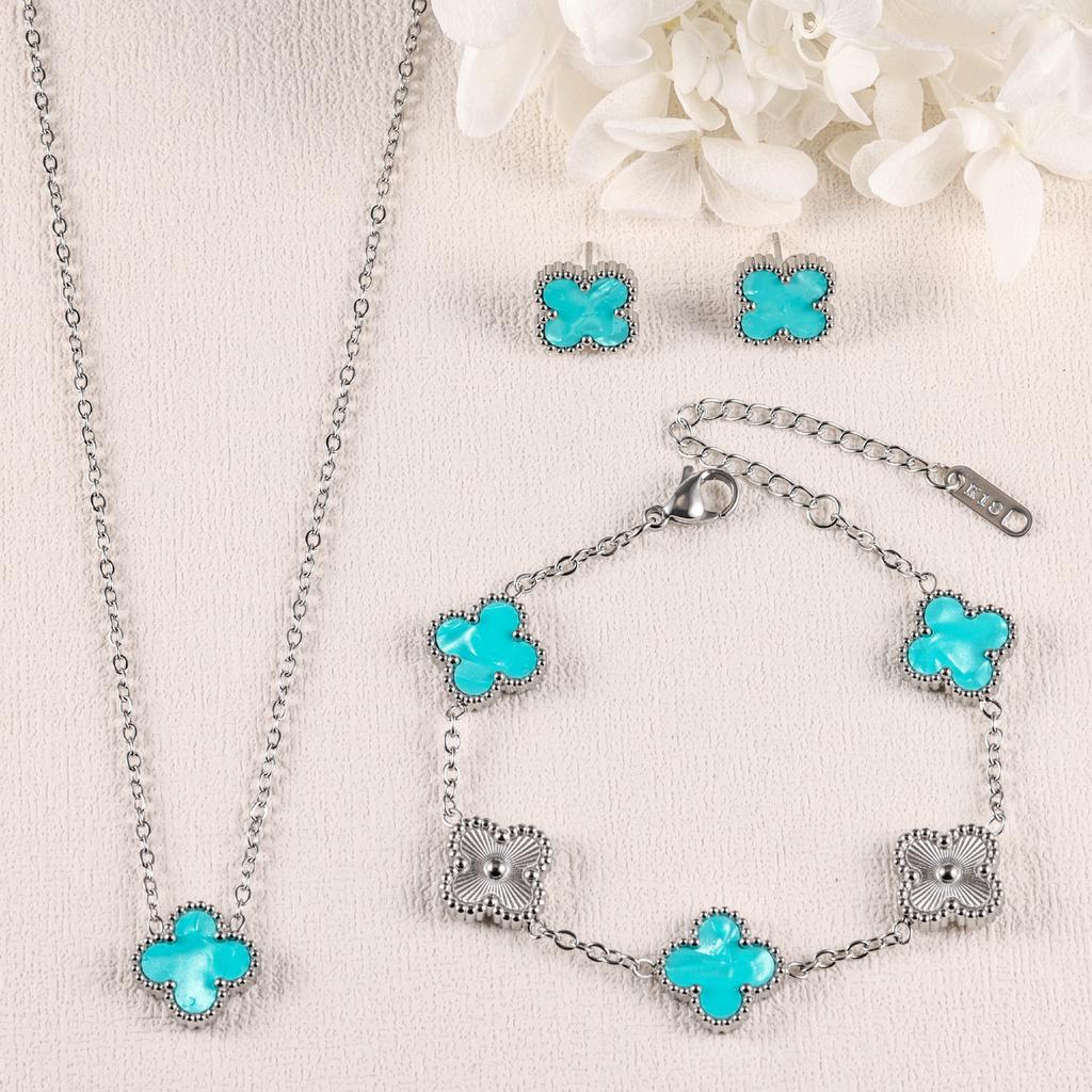 3-teiliges Kleeblatt Armband Halskette Ohrringe 18K Vergoldet Nicht Verblassend Leichter Luxus Mode Set