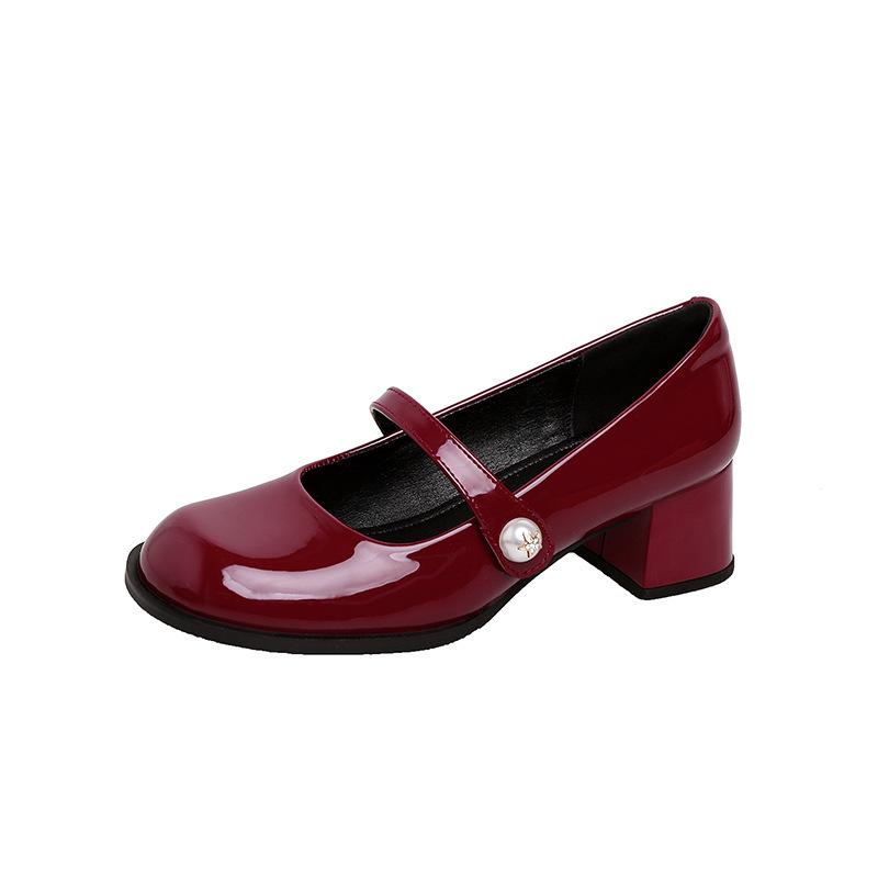 Su Yinyin has the same style as Barbie~ Korean round head pearl red thick heel single shoes Mary Jane shoes women's small leather shoes