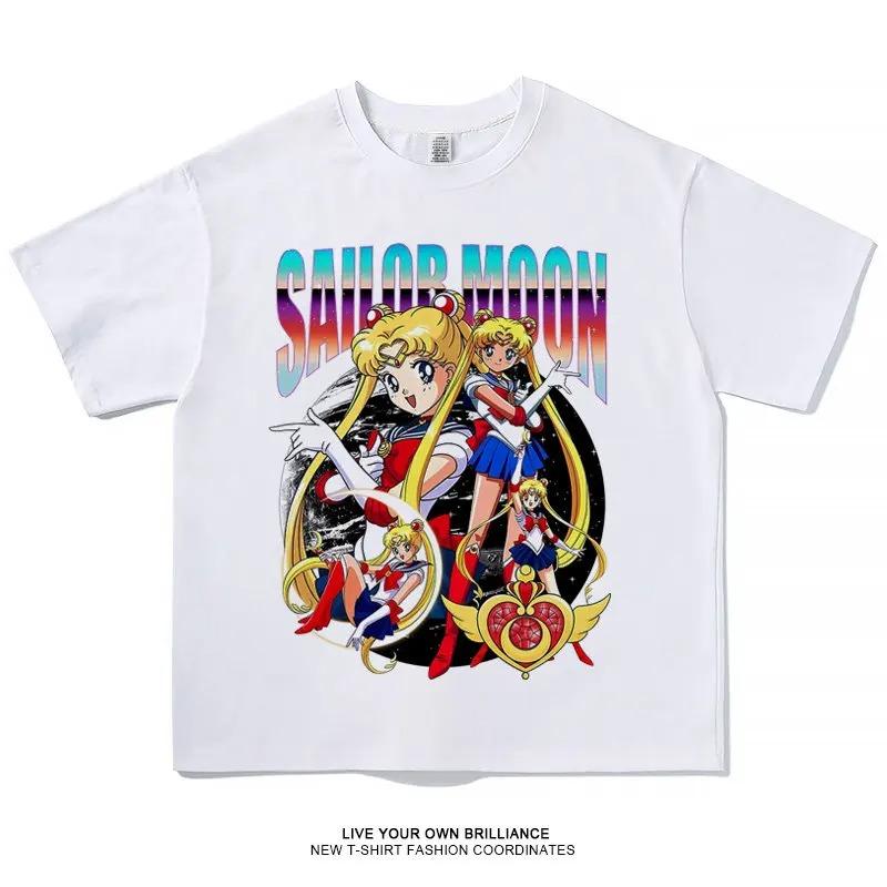 Stylish White Cotton T-Shirt Featuring Sailor Moon and Inner Senshi Retro Anime Group Graphic T-Shirt
