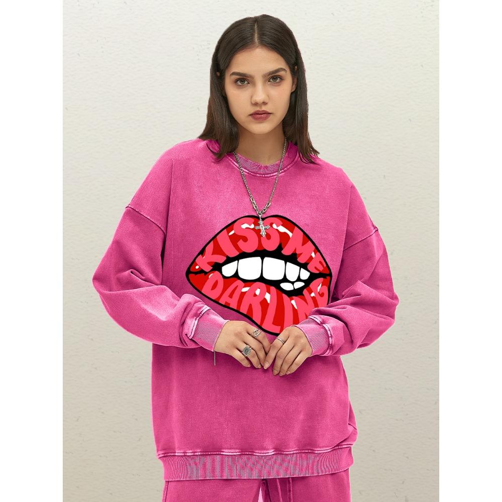 Kiss Me Darling Red Lips Prints Women Washed Sweatshirt Fashion Oversized Pullover Cotton Autumn Streetwear Clothes