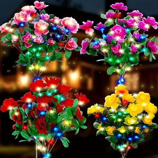 4Pcs Artificial Azalea Solar Light with Stake IP65 Waterproof Outdoor Garden Yard Pathway Patio Yard Lawn Faux Flower Decoration Lamp with 56 LED