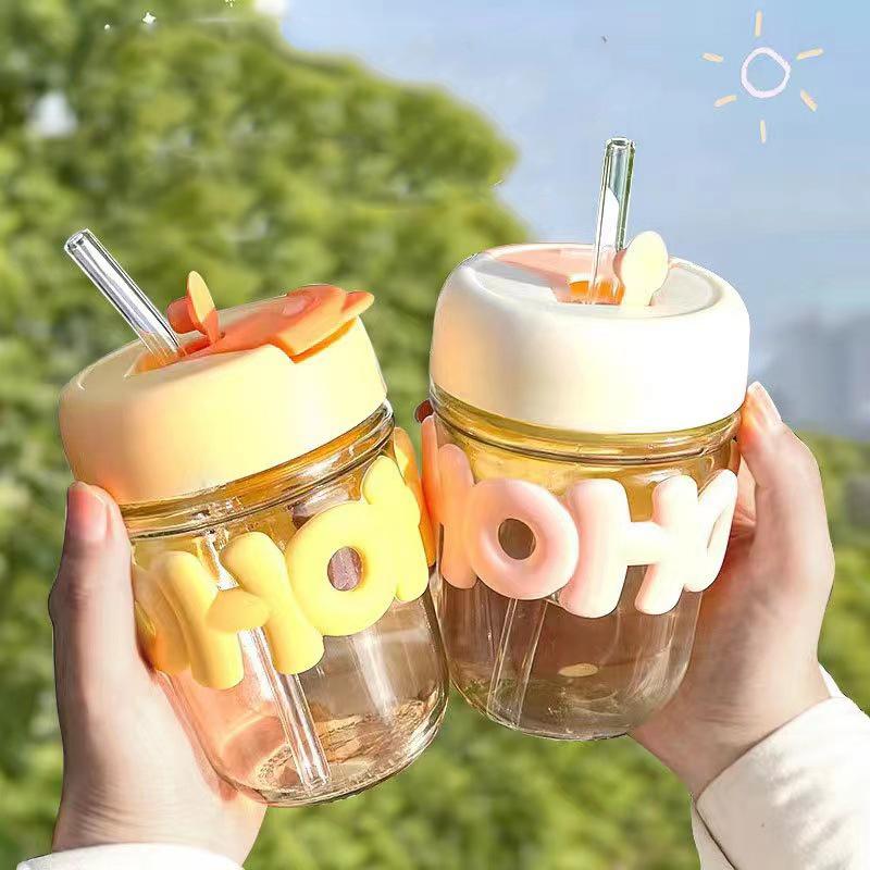 Drinking Cup Transparent Glass High Value Anti-Scalding Cute Straw Cup Pearl Bracelet Letter Water Cup