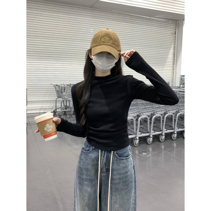 

Vintage front shoulder top women s spring design pleated card waist shirt semi-turtleneck inner bottoming shirt L чёрный