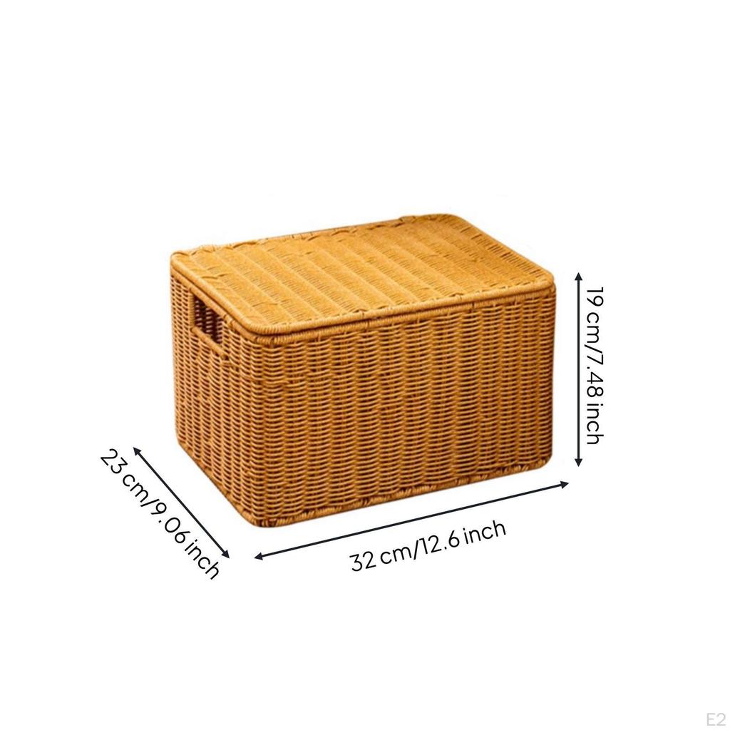 Storage Basket with Lid RattanLook Wicker Rectangular Woven Organizer Handles