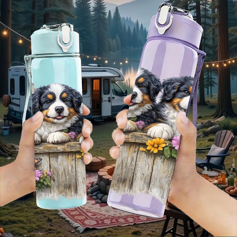1PC Two Puppy Dogs Wooden Fence Art 750ml Color Plastic Sports Water Bottle Leakproof Flip Straw Lid Suitable for Sports Office Home Use