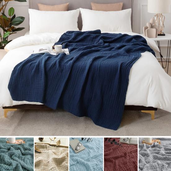 Muslinkos Sommer Sofateppe Pustende Ensfarvet Muslinklede Koseteppe for Seng Sofa Reise Feriebruk
