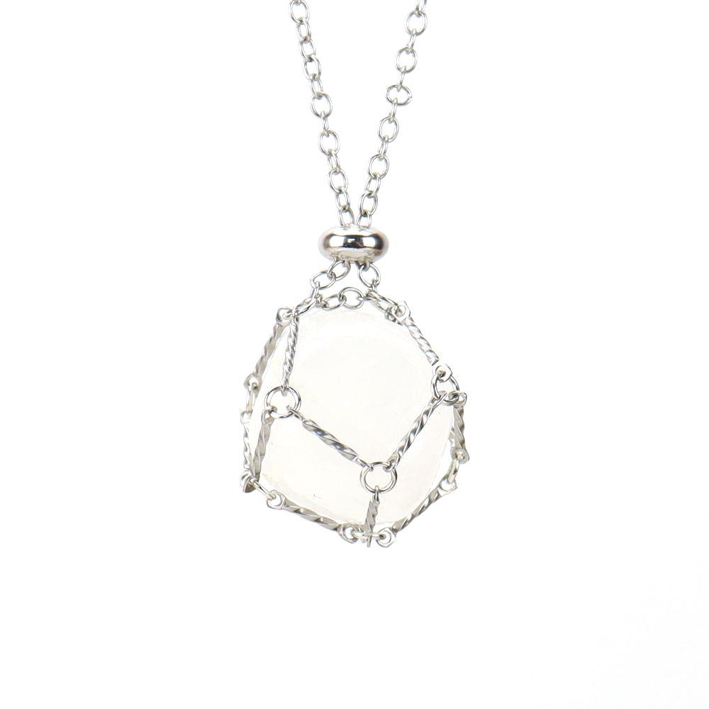Stainless Steel Metal Bamboo Braided Mesh Prison Cage Pendant Natural Crystal Rough Stone Necklace Adjustable N700