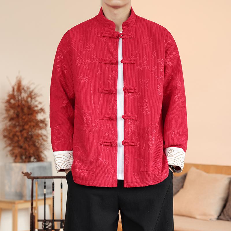 2025 Autumn Men Corduroy Tang Suit Men Chinese Traditional Red Coats Kung Fu Coat Male Festival New Year Retro Jacket Shirts