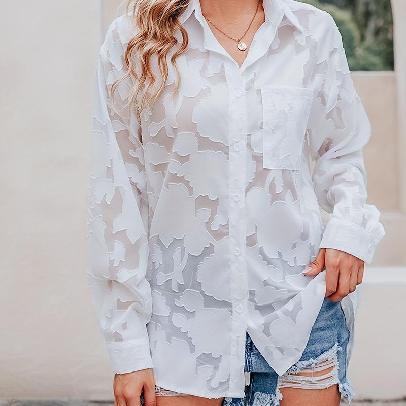 

Женские модные повседневные весенне-осенние цветочные принты с длинными рукавами и воротником-поло, блузки и рубашки XXL белый