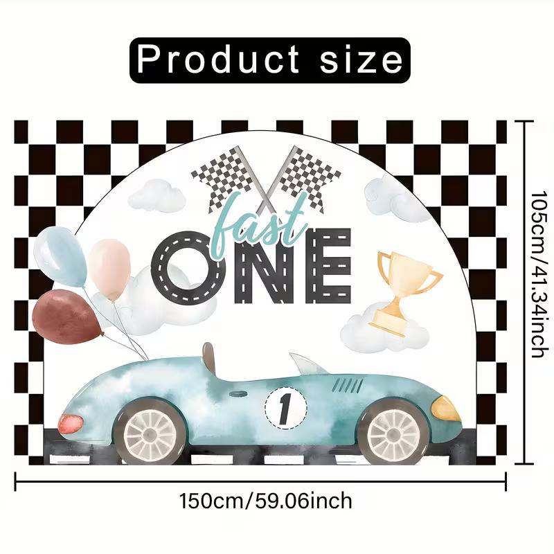 2D Checkered Flag Race Car Banner, Fast One 1st Birthday Backdrop, Baby Shower Background Cloth