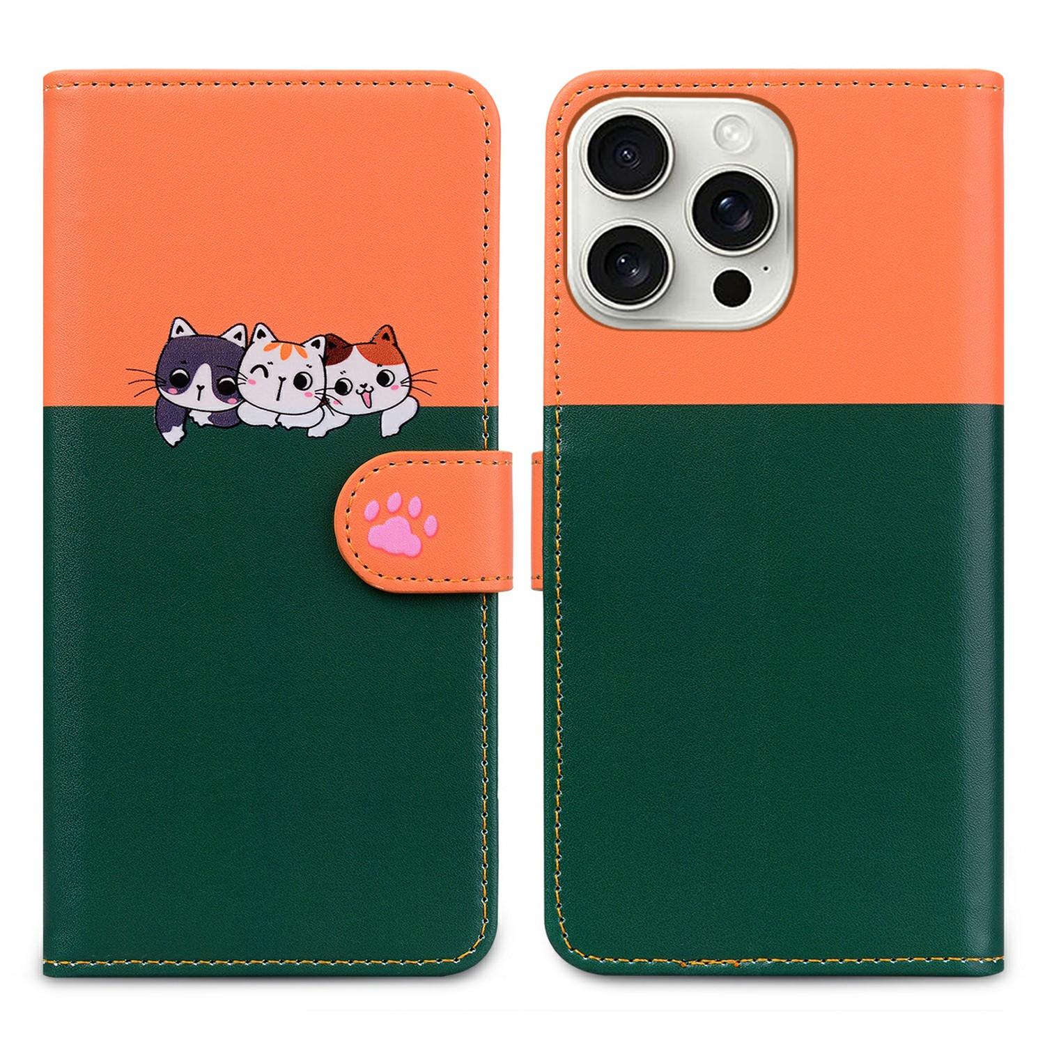 

Cartoon Pet Series for iPhone 16 Pro Wallet Phone Case Splicing Leather Flip Cover Blackish Green
