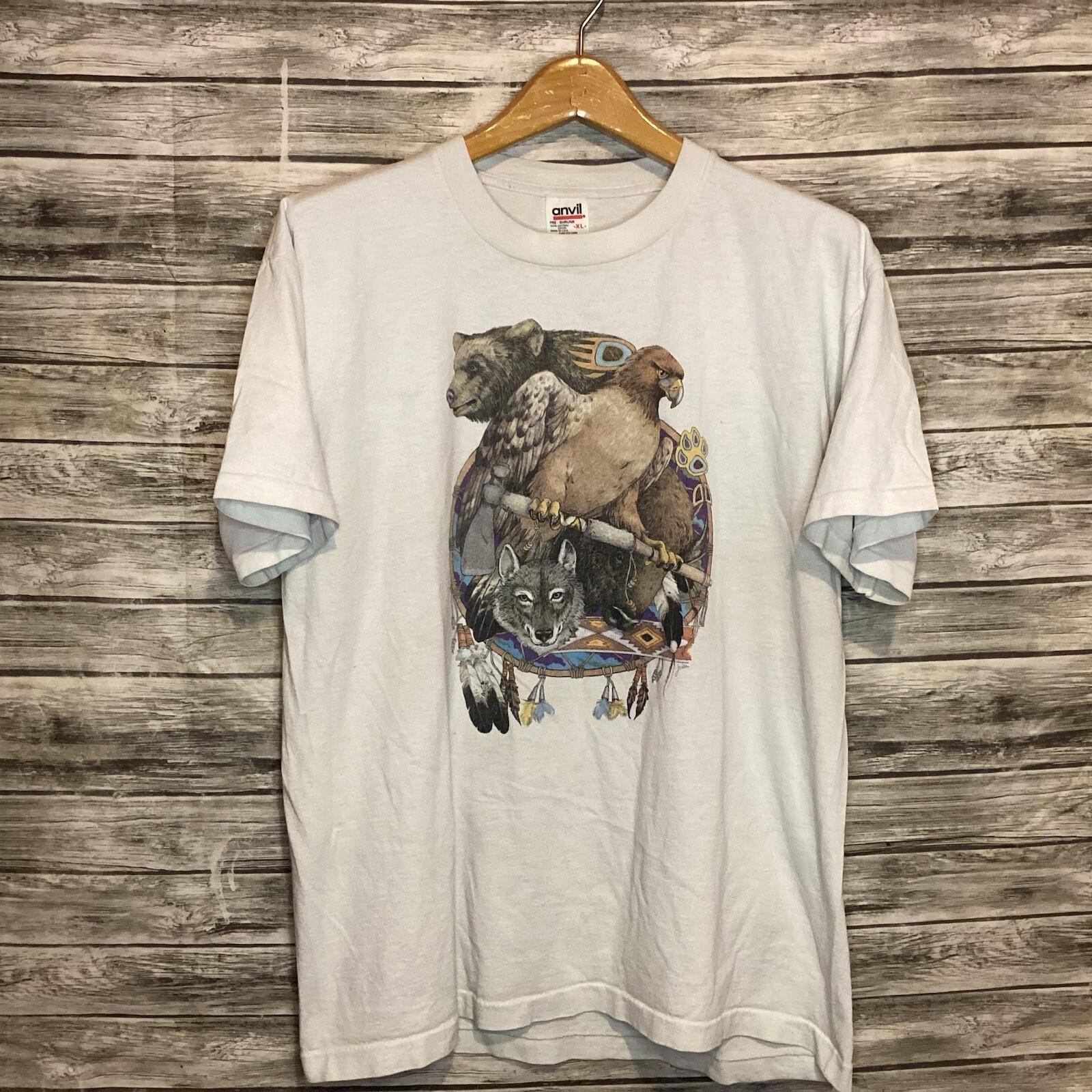 Vintage Nature Shirt Mens XL White Wolf Eagle Dream Catcher Graphic Tee 90s Unisex T-Shirt S