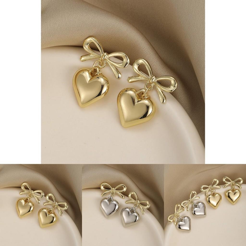 Elegant French Style Heart Pendant Earrings For Women With Alloy Bowknot Design