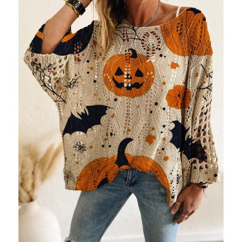 Women S Halloween Pumpkin Bat Print Lace Knit Pullover Top