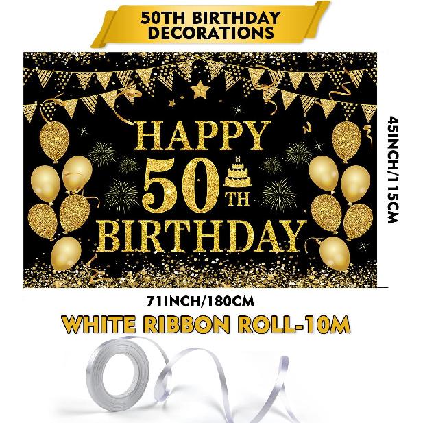 50th Birthday Decorations for Men Women - Happy 50th Birthday Banner Party Decorations Black Gold 50 Years Birthday Party Suppiles Background for