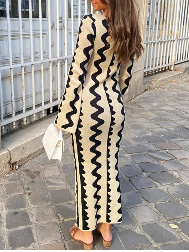 Frauen Gestreiftes Gestricktes Kleid Elegante Oansatz Flare Lange Hülse, Figurbetontes Kleid Damen Mode Streetwear Party Kleider