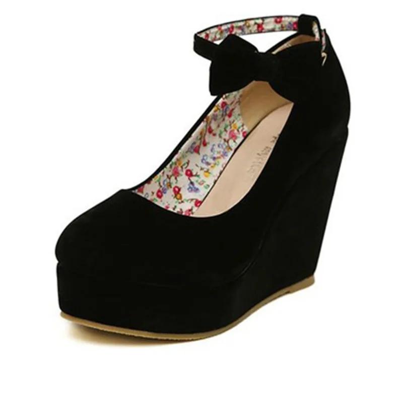 Fashion Dwayne Women High Heels Shoes Plus Size Platform Wedges Female Pumps Elegant Flock Buckle Bowtie Ankle Strap Party Wedding Shoes