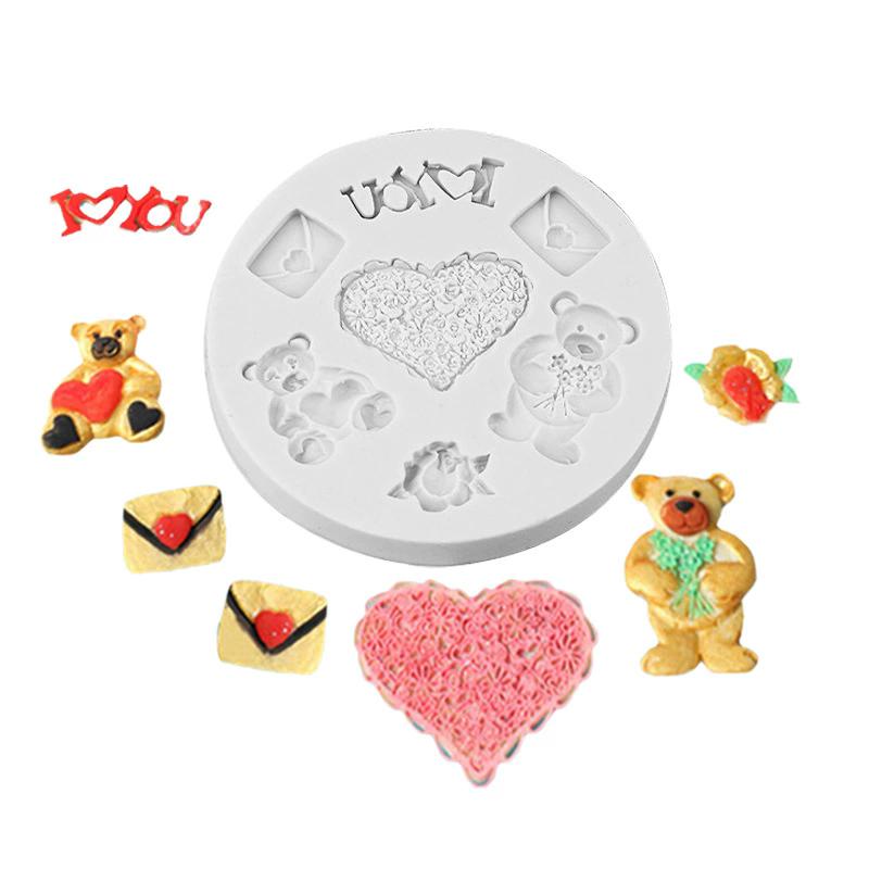 WTEMPO Cute Bear Flower Heart Envelope Shaped Silicone Molds Handmade Epoxy Resin Molds Chocolate Baking Fondant Cake Molds Kit DIY Crafts Molds