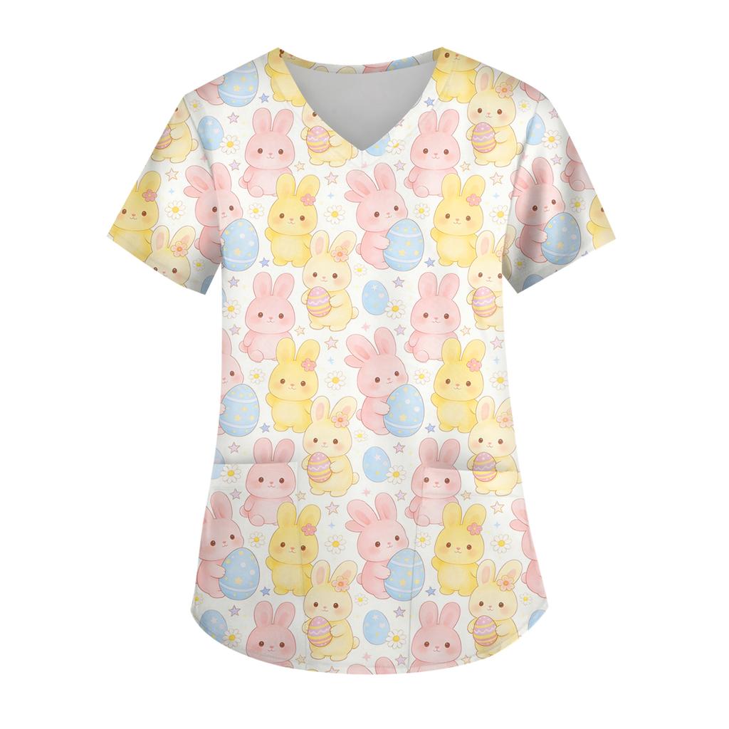Ladies' Easter printed fashionable V-neck pocket short sleeved uniform and caregiver top