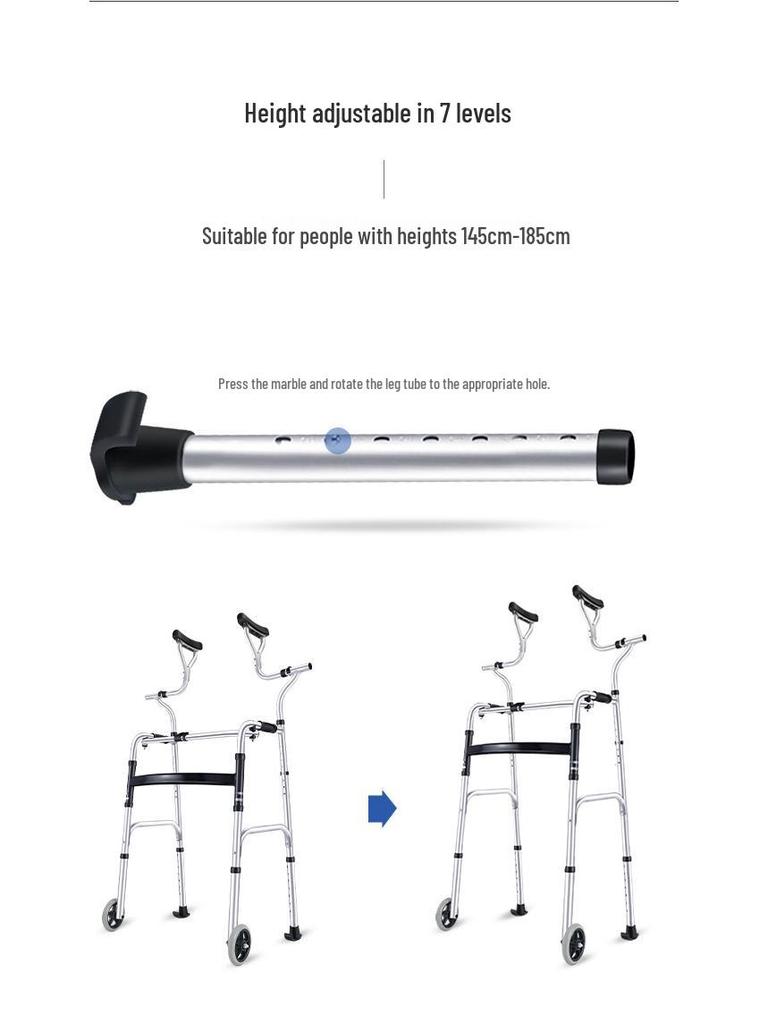 Aluminum Alloy Folding Walker with Wheels, Underarm Crutches, and Seat Cushion for Elderly Rehabilitation.