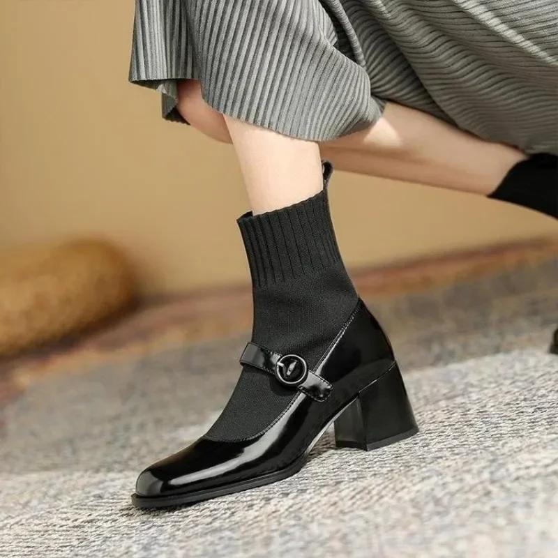 Fashion 2024 Women's Ankle Mary Janes Boots Elastic Boot Hot Sale New In Booties Trend High Quality On Offer Female Short Shoes