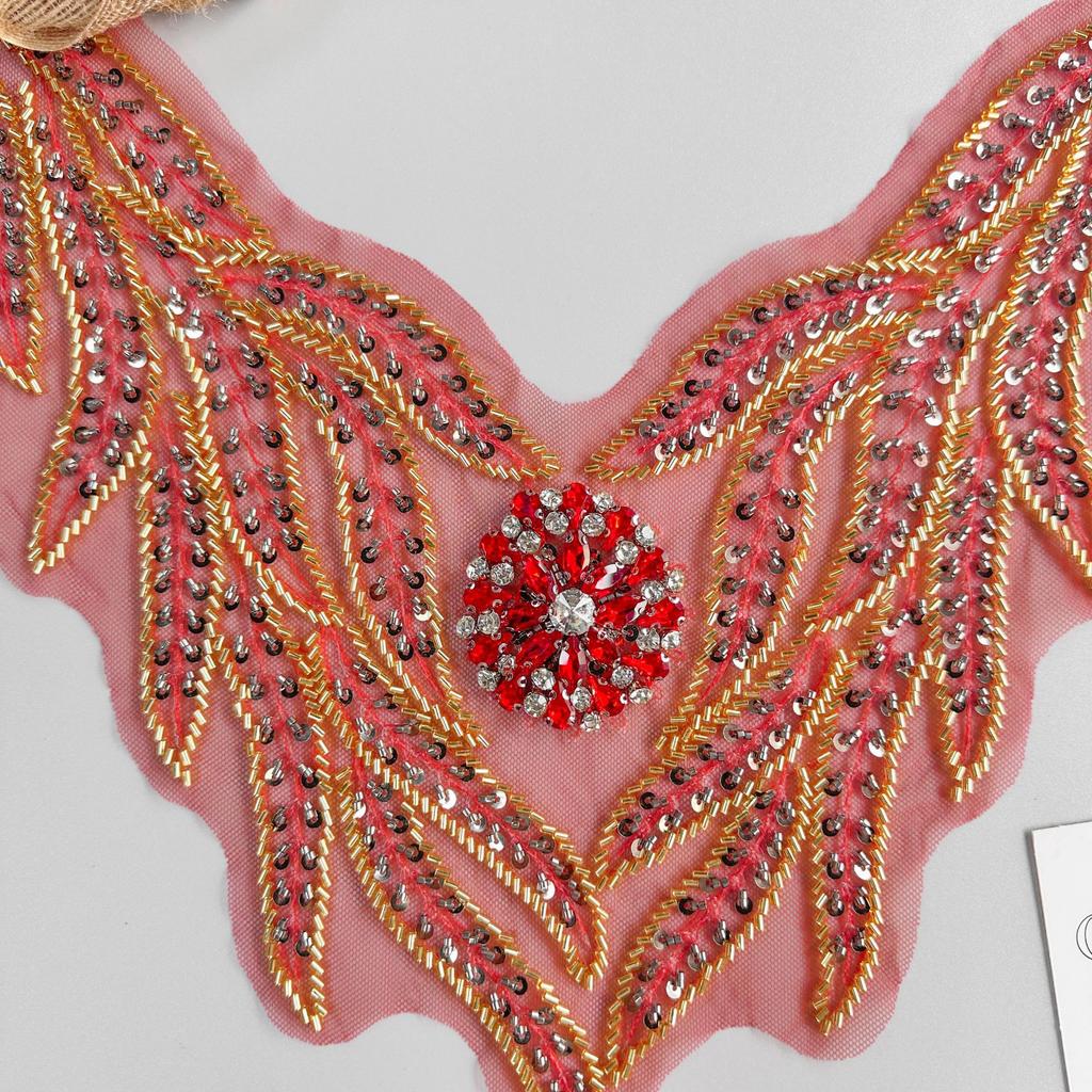 Red Heavy Industry Beaded Mesh Yarn Diamond Cloth Sticker Clothing Dress Performance Clothes Front Collar Cloth Sticker Decorative Accessories