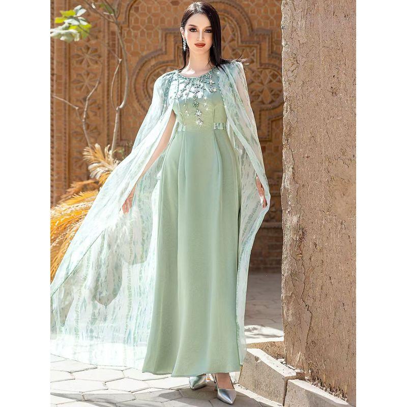 

Middle East New Fashion Temperament Handmade Seam Drill Cape Robe Dress Hand Sewn Diamond Dres Matcha green L