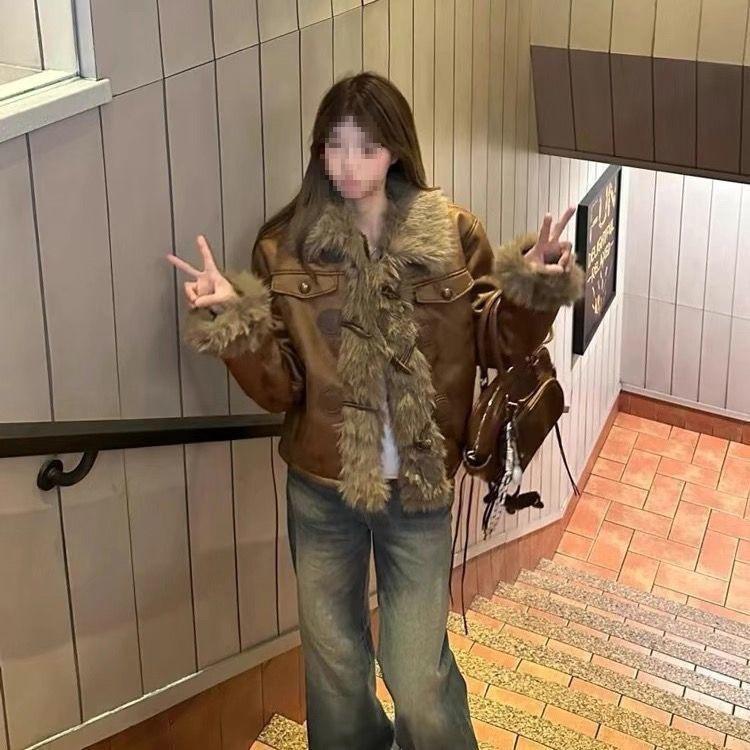 Melanoid Retro Fluffy Patchwork Jacket: Warm Brown Leather & Cotton Coat for Autumn/Winter. S