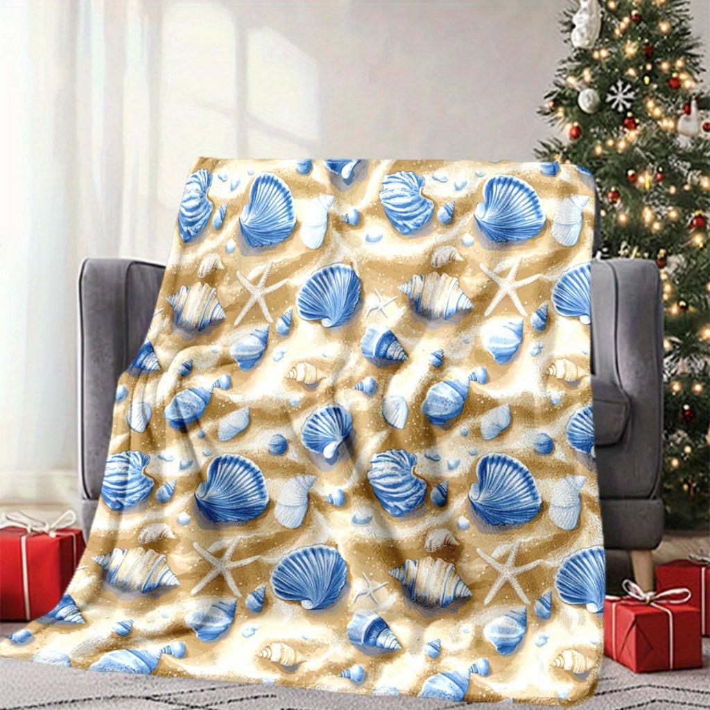 Beach seashell pattern flannel blanket - soft and warm, perfect for sofas, beds, chairs, camping, and as a holiday gift for boys