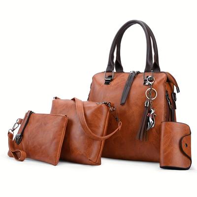 4-in-1-Retro-Mode-Handtaschen-Set für Damen, große Tragetasche mit Schlüsselanhänger-Dekor