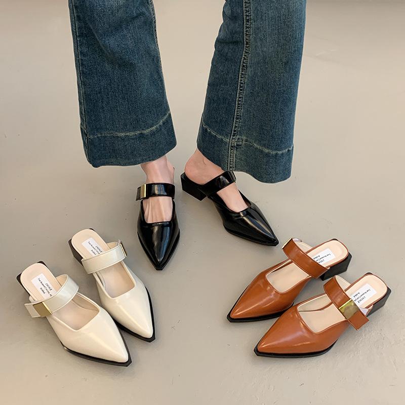 Retro medium heel bag head half slippers women's shoes wear 2025 new summer Korean version small leather shoes Mary Jane shoes