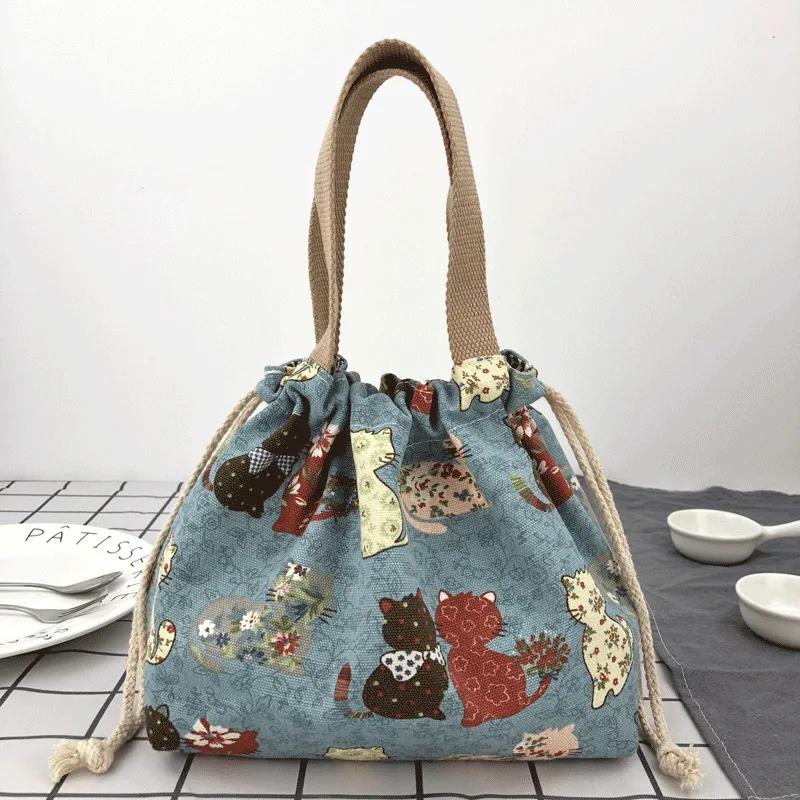 Japanese Cute Bento Bag Handheld Canvas Bag Cartoon Portable Drawstring Cutlery Storage Drawstring Bags for Two Lunch Boxes